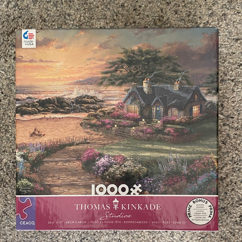 Thomas Kinkade Coastal Cottage Puzzle - sunset orange, pink, green, blue, brown